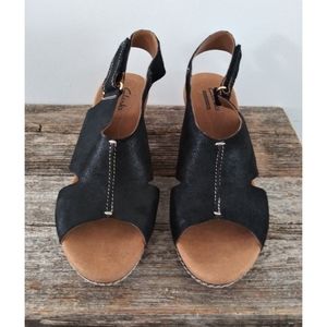 Clarks Black Suede Sandal Cork Wedge Hello Float4